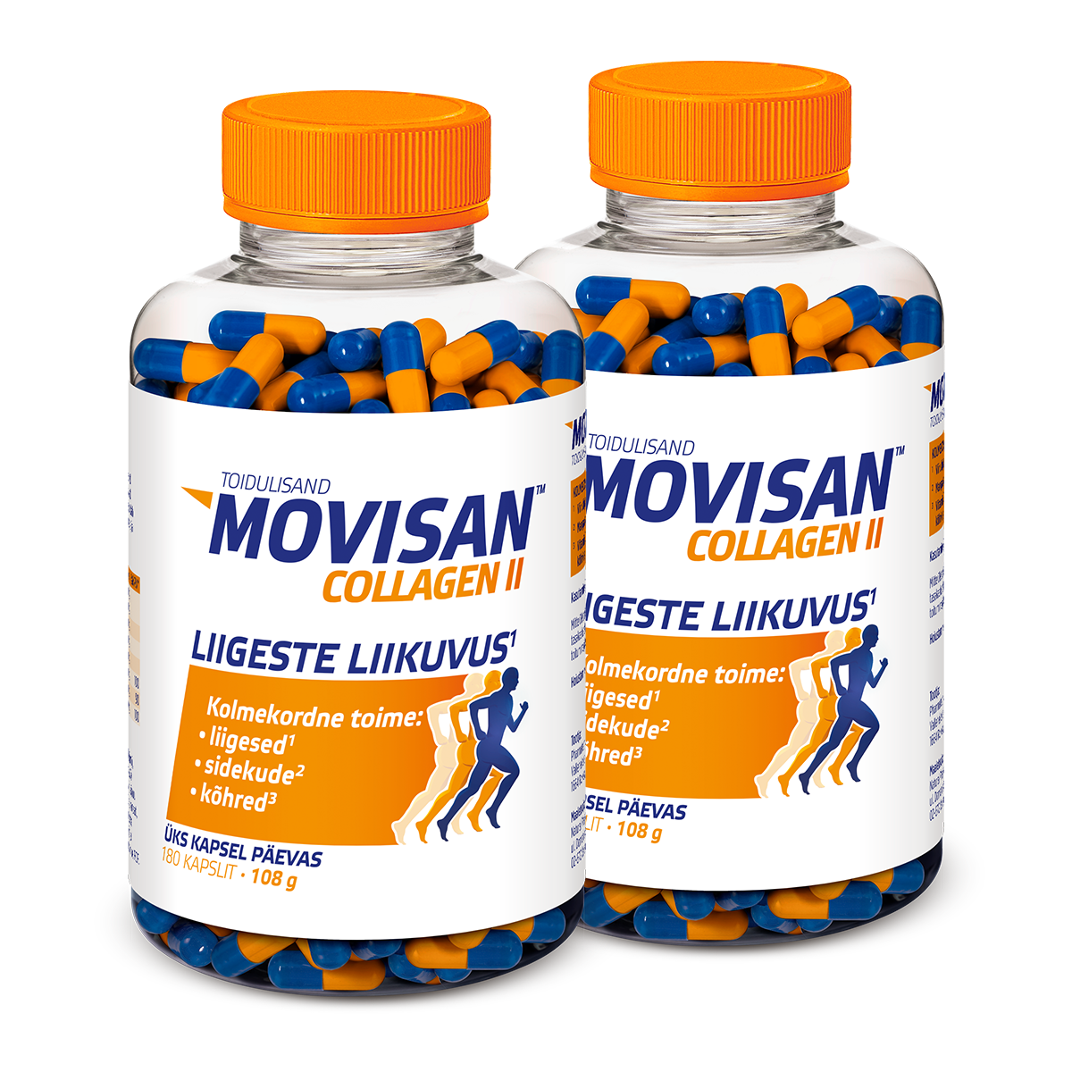 Natural Pharmaceuticals Movisan Movisan® Collagen II toidulisandite komplekt: kaks suurt kapslit ja üks karp, mis sisaldab 30 kapslit. Etikettidel väidetakse toote kolmekordset toimet liigeste, sidekoe ja kõhre toetamiseks. Toode on ette nähtud kasutamiseks üks kord päevas.