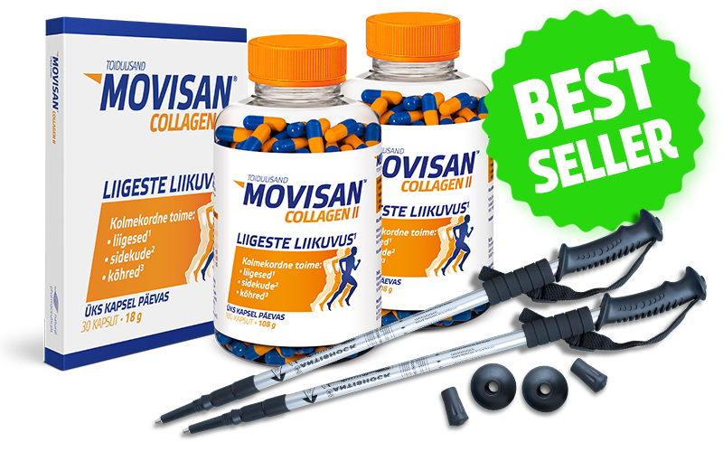 Natural Pharmaceuticals Movisan Movisan® Collagen II toidulisandi komplekt: kaks suurt kapslit (oranž ja sinine), üks karp, mis sisaldab 30 kapslit ja paar vahetatavate otsikutega jalutuskeppe. Etikett väidab, et see mõjub kolmekordselt liigestele, sidekoele ja kõhrega. Vasakus ülanurgas on roheline silt sõnadega „BEST SELLER“.