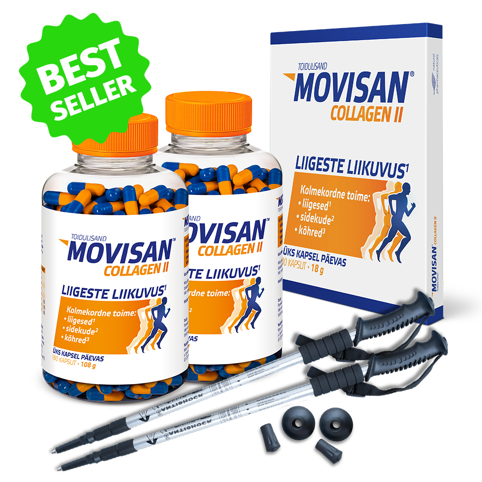 Natural Pharmaceuticals Movisan Movisan® Collagen II toidulisandi komplekt: kaks suurt kapslit (oranž ja sinine), üks karp, mis sisaldab 30 kapslit ja paar vahetatavate otsikutega jalutuskeppe. Etikett väidab, et see mõjub kolmekordselt liigestele, sidekoele ja kõhrega. Vasakus ülanurgas on roheline silt sõnadega „BEST SELLER“.