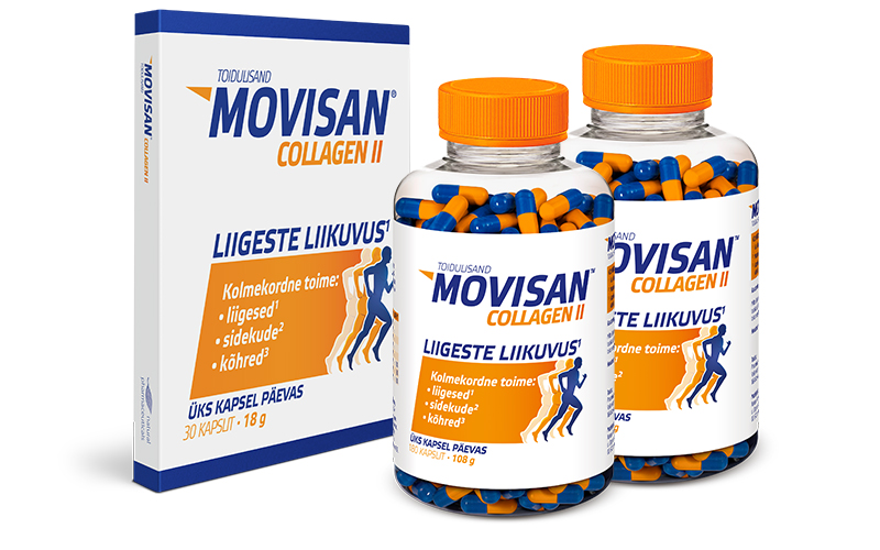 Natural Pharmaceuticals Movisan Movisan® Collagen II toidulisandite komplekt: kaks suurt kapslit ja üks karp, mis sisaldab 30 kapslit. Etikettidel väidetakse toote kolmekordset toimet liigeste, sidekoe ja kõhre toetamiseks. Toode on ette nähtud kasutamiseks üks kord päevas.