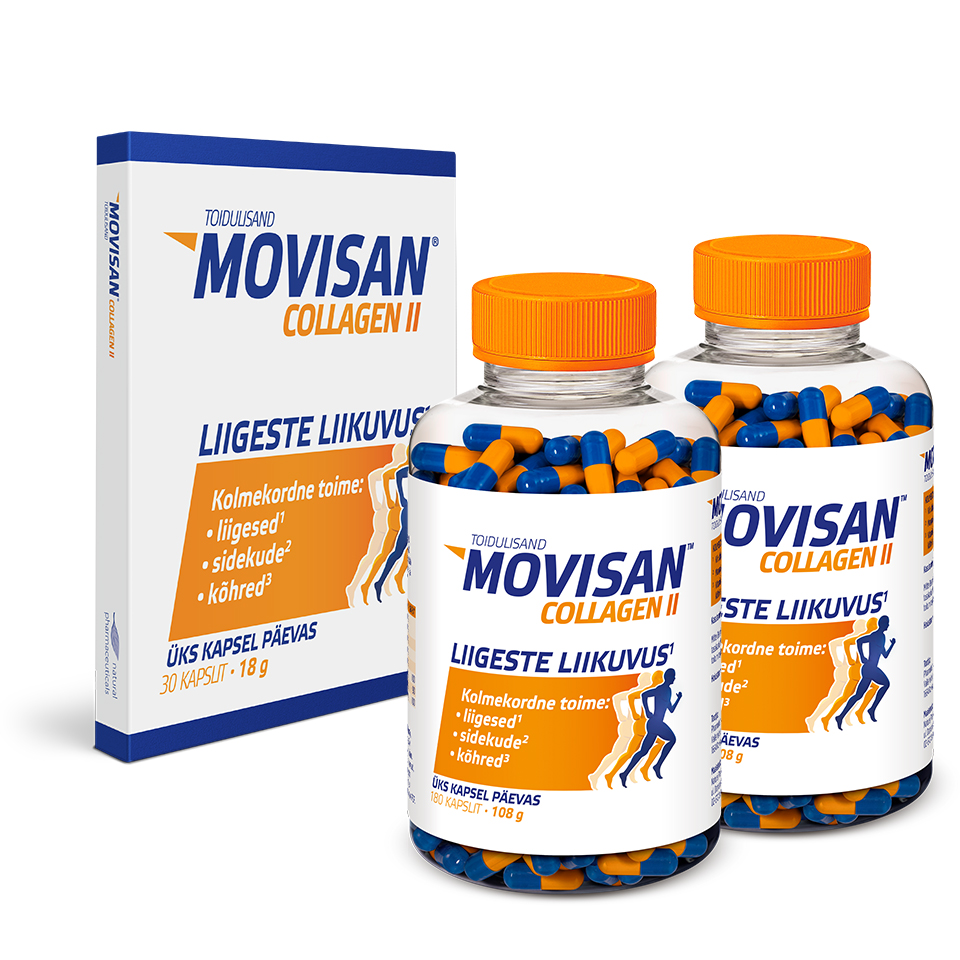 Natural Pharmaceuticals Movisan Movisan® Collagen II toidulisandite komplekt: kaks suurt kapslit ja üks karp, mis sisaldab 30 kapslit. Etikettidel väidetakse toote kolmekordset toimet liigeste, sidekoe ja kõhre toetamiseks. Toode on ette nähtud kasutamiseks üks kord päevas.