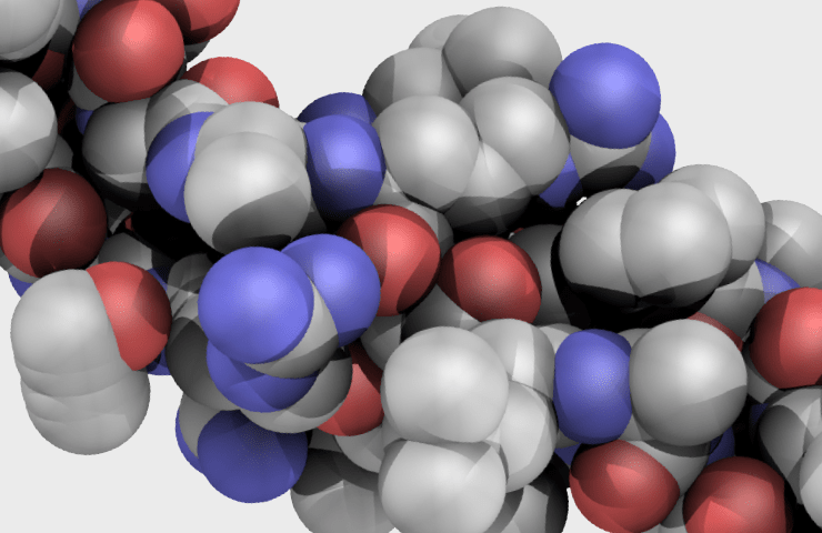 Natural Pharmaceuticals Movisan Valgumolekuli või muu keemilise ühendi ruumiline mudel, mis on esitatud 3D-vormingus. Eri värvi kerad - hall, punane, sinine - kujutavad elementide aatomeid, mis moodustavad keerulise molekulaarstruktuuri.
